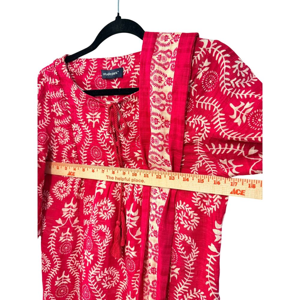 NEW! Nordstrom XS Batik Block Print 100% Cotton Dress Tie Waist Boho Hot Pink - Picture 9 of 11